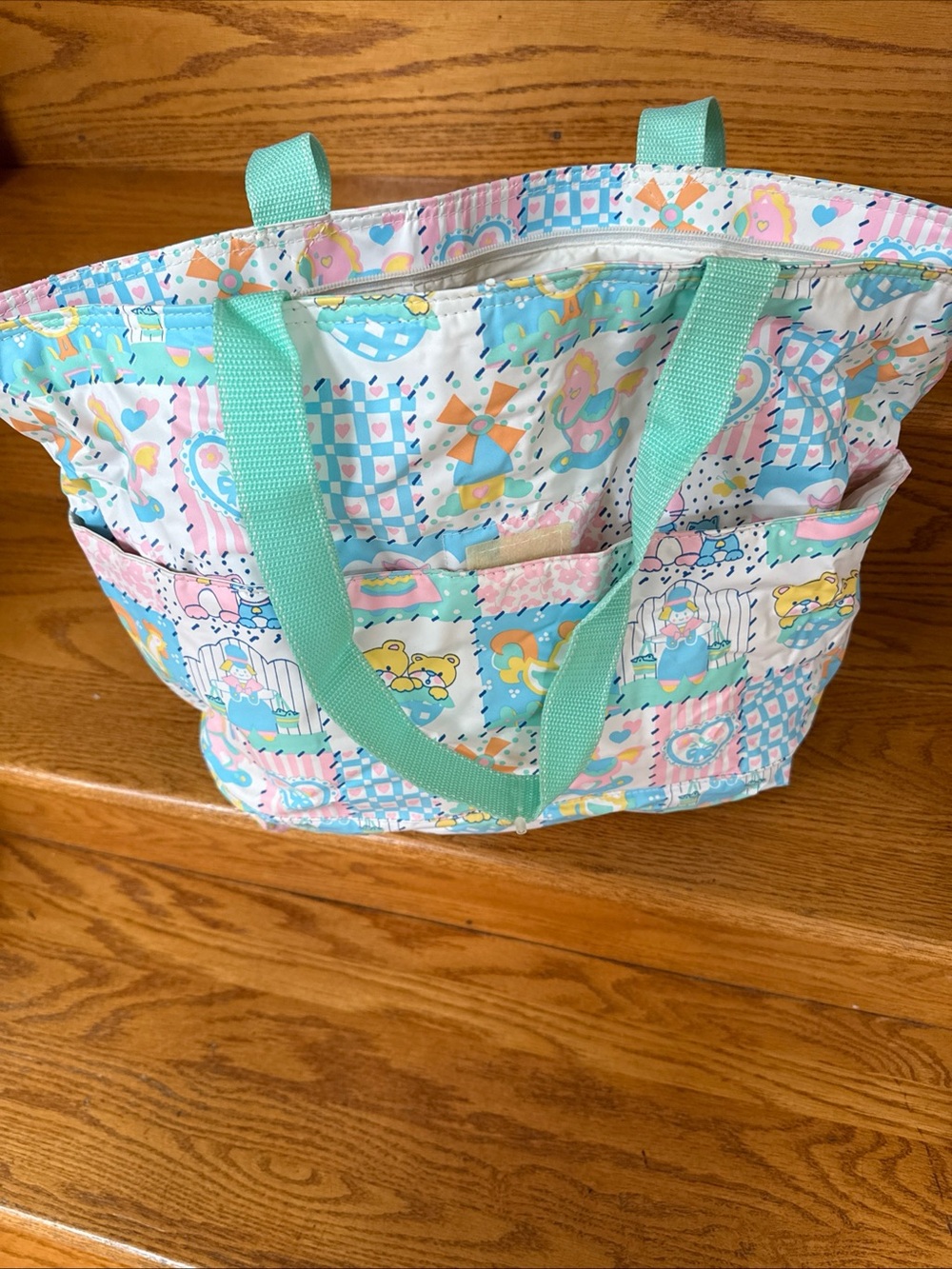 Vintage Pastel Patchwork Printed diaper Bag with Mint Handles